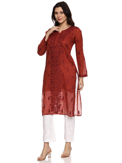 Mal Chanderi Chikankari Long Kurta in Brown with same tone Embroidery (inner included)