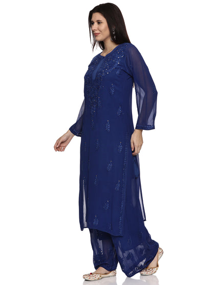 Viscose Chikankari Mukaish Work Suit in Dark Blue with Inner