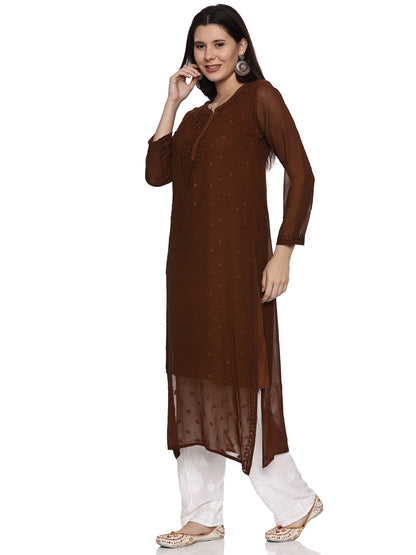 Viscose Chikankari Long Kurta in Brown with Same Tone Embroidery (inner included)
