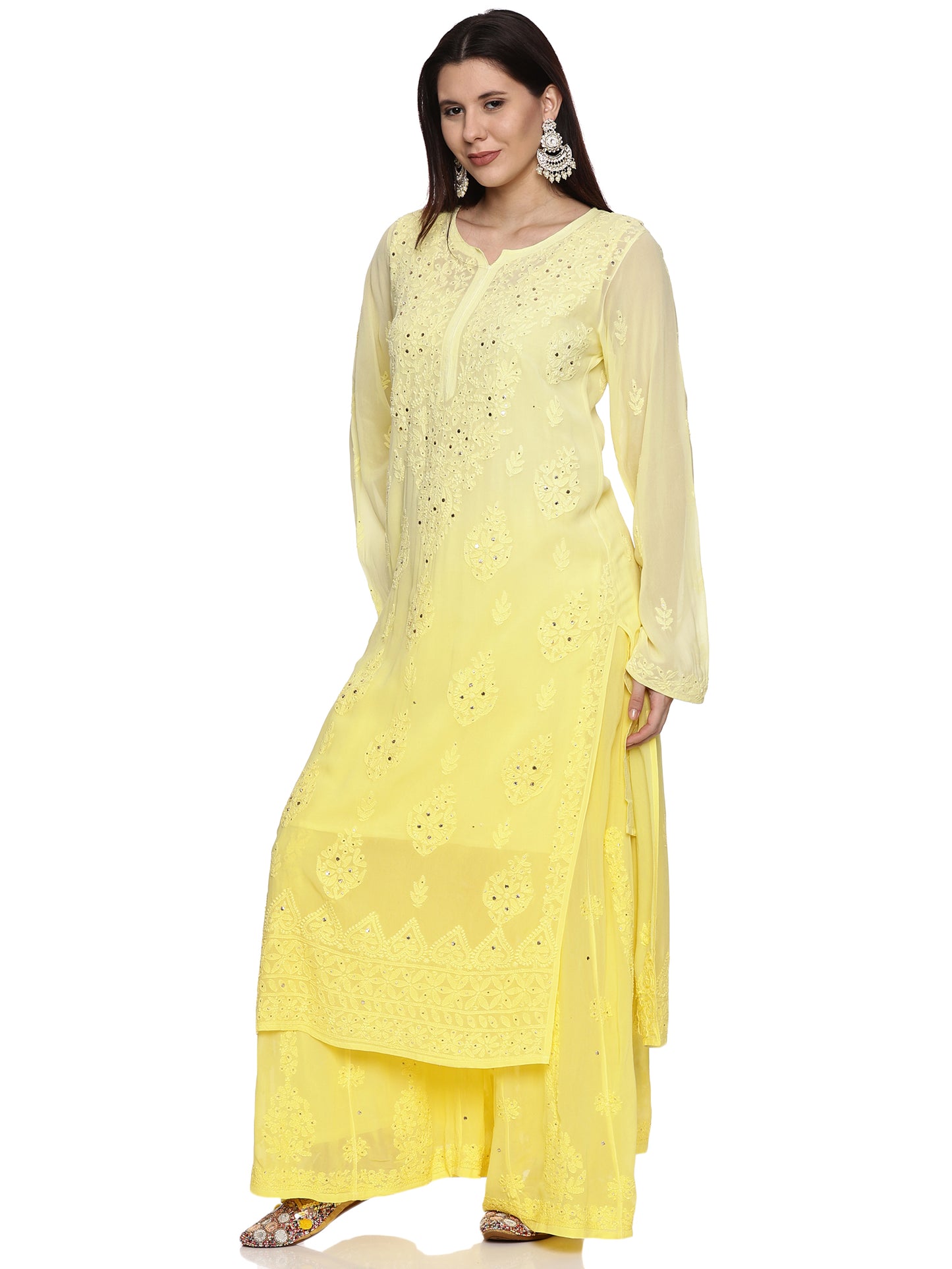 Viscose Chikankari Mukaish Work Suit in Yellow Ombre with Inner