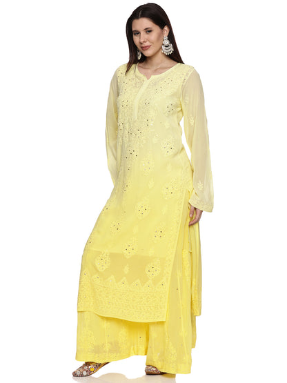 Viscose Chikankari Mukaish Work Suit in Yellow Ombre with Inner