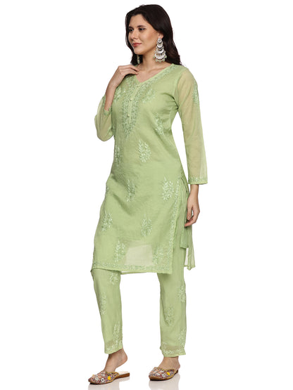 Mal Chanderi Chikankari Kurta Set in Olive Green with Inner