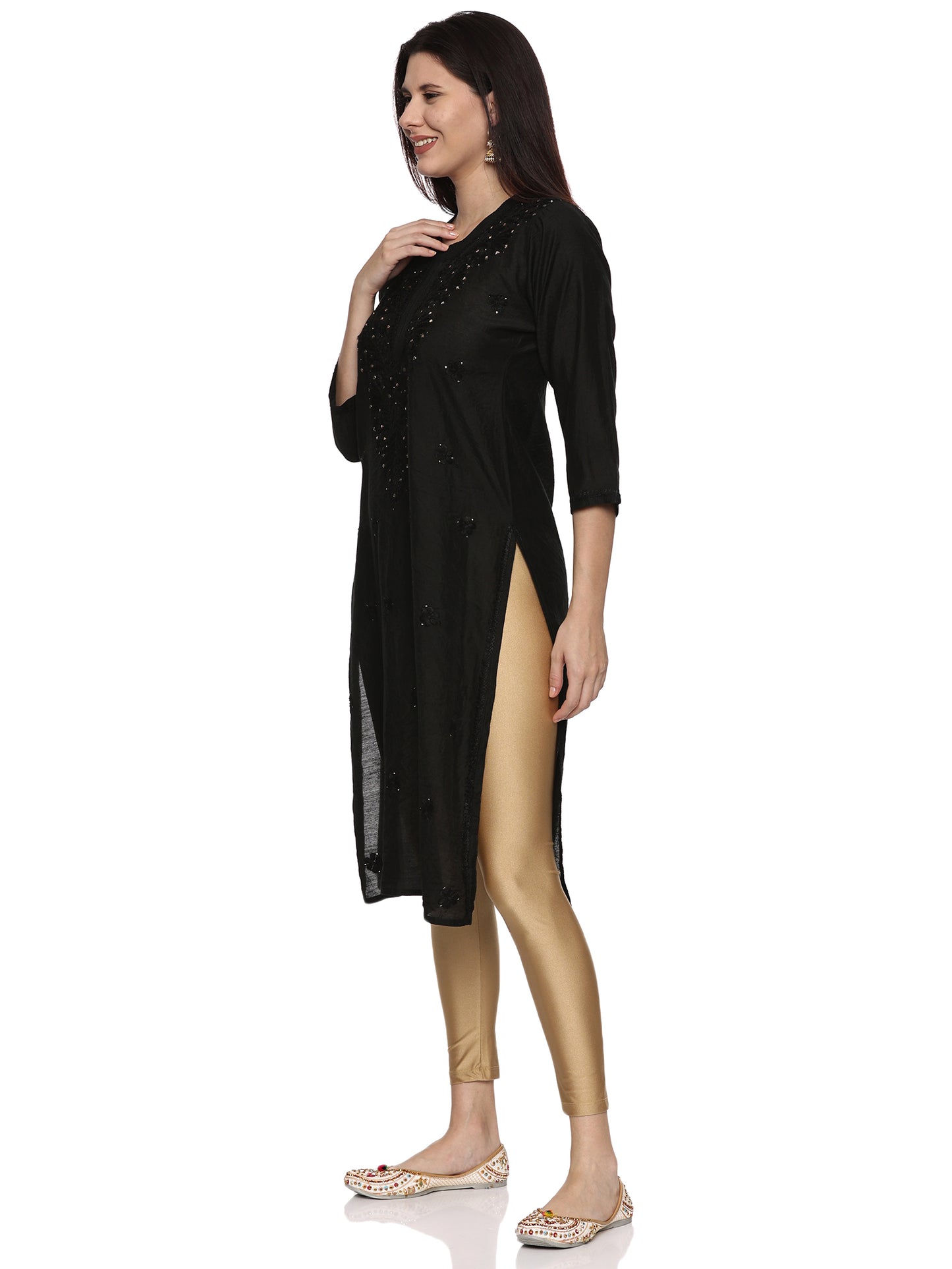 Chanderi Chikankari Long Kurti in Black with Mukaish Work