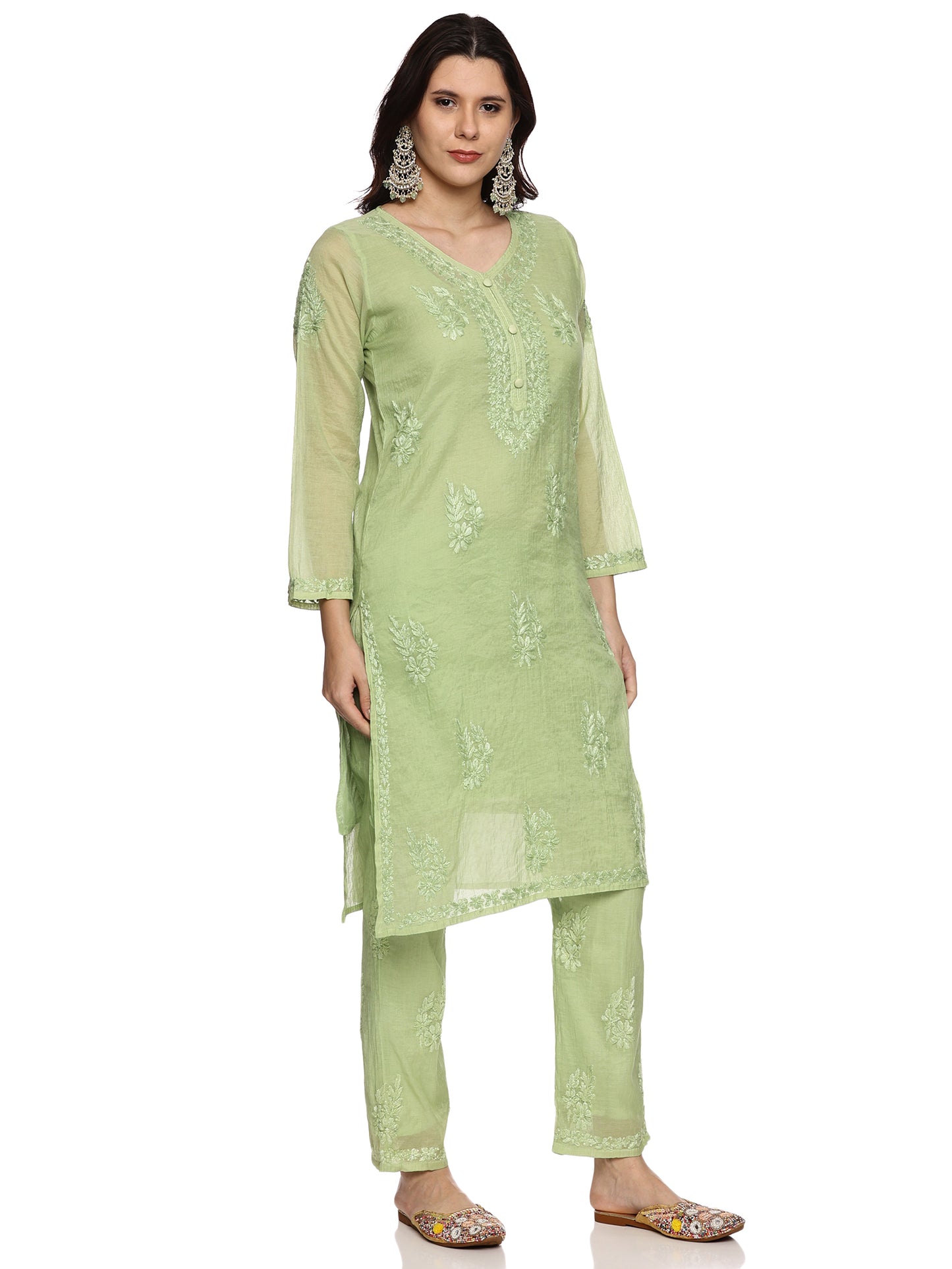 Mal Chanderi Chikankari Kurta Set in Olive Green with Inner