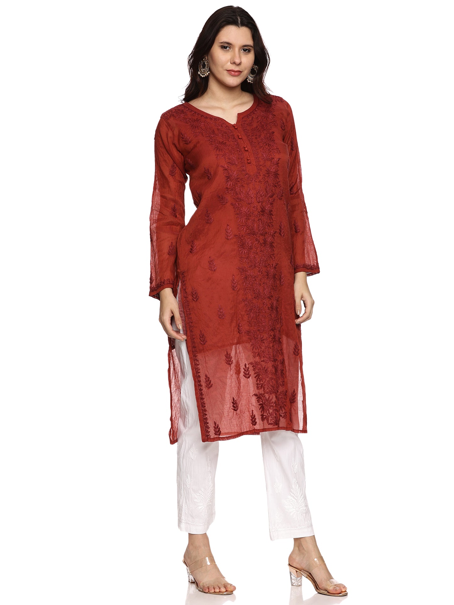 Mal Chanderi Chikankari Long Kurta in Brown with same tone Embroidery (inner included)