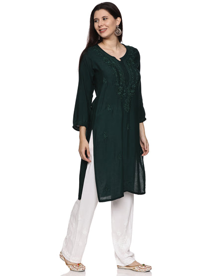 Rayon Chikankari Long Kurta in Dark Green with Same Tone Embroidery