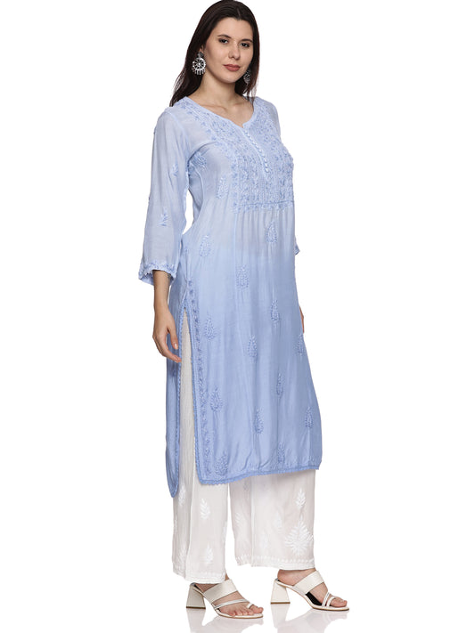 Muslin Chikankari Long Kurta in Powdered Blue with Same Tone Embroidery