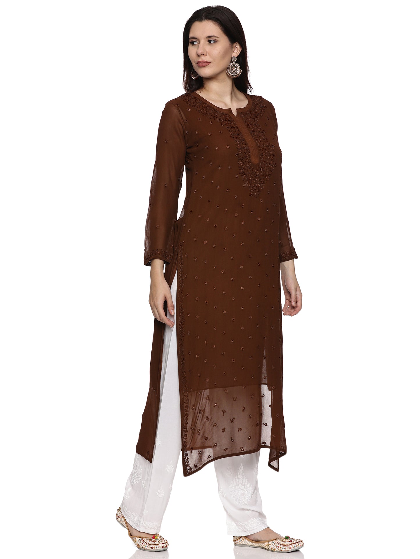 Viscose Chikankari Long Kurta in Brown with Same Tone Embroidery (inner included)