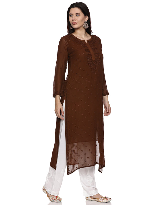 Viscose Chikankari Long Kurta in Brown with Same Tone Embroidery (inner included)