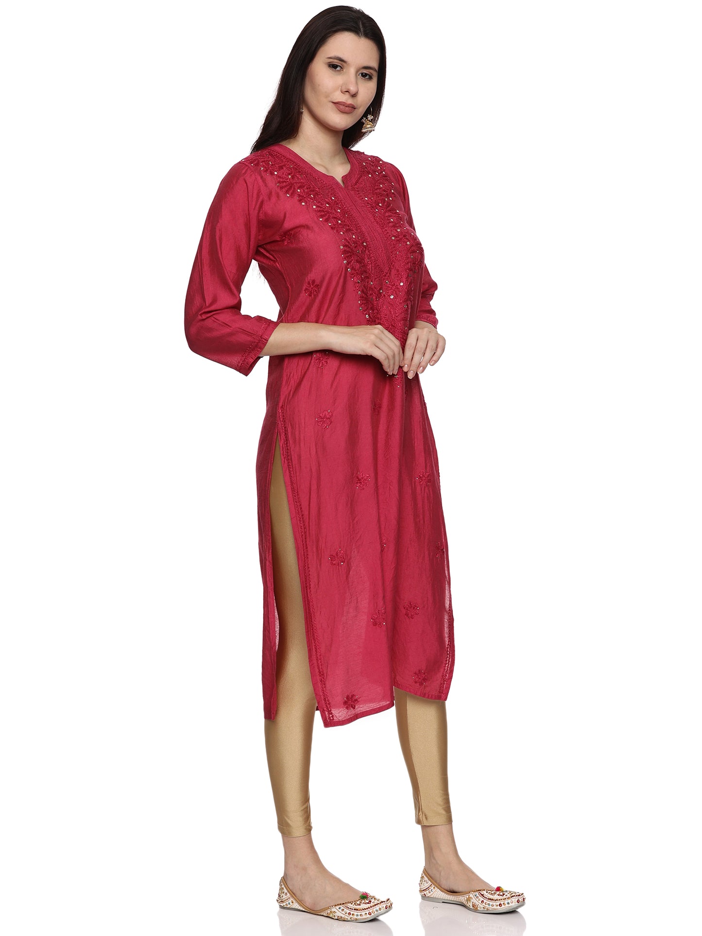 Chanderi Chikankari Long Kurti in Rani Pink with Mukaish Work