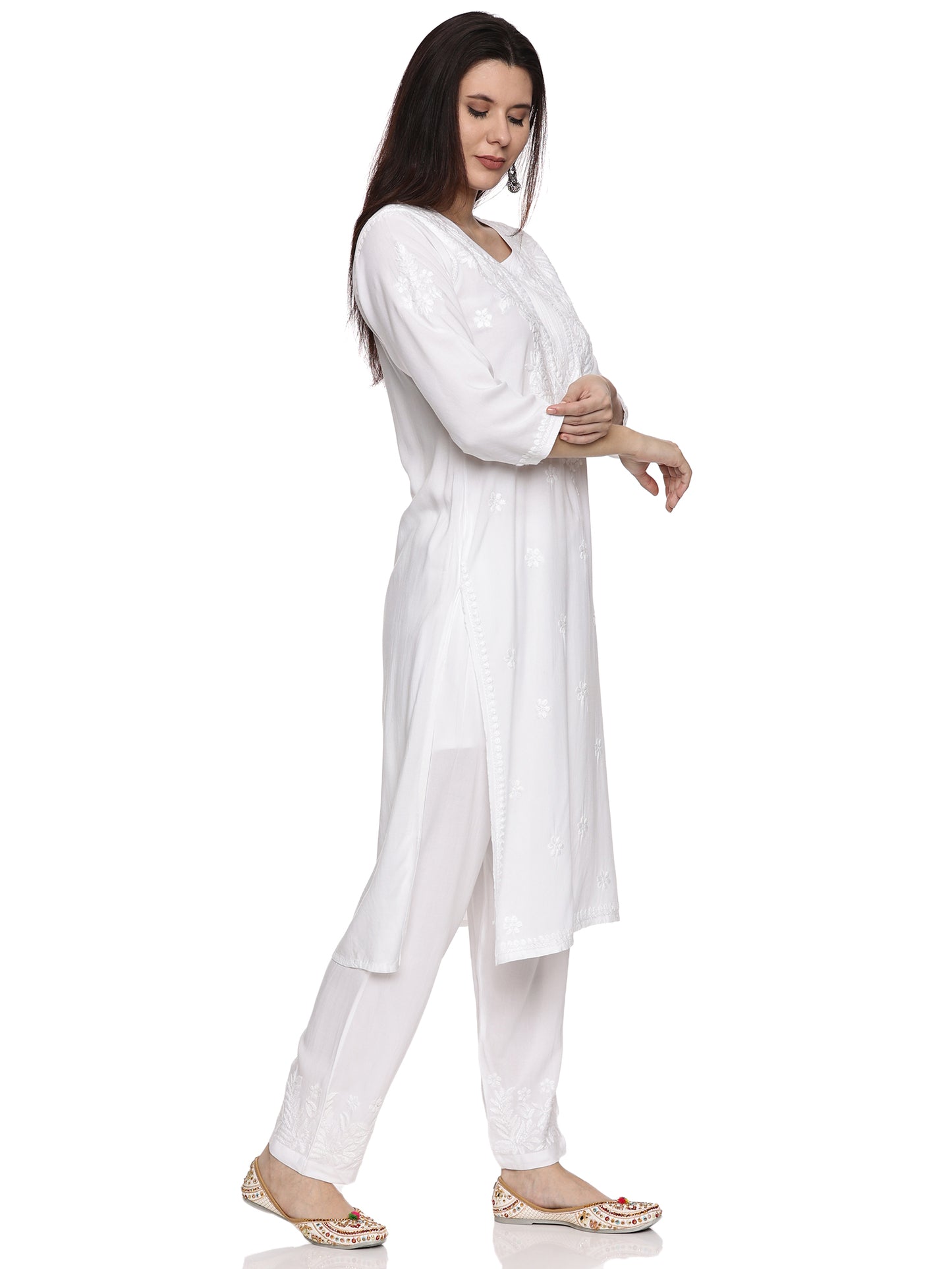 Rayon Chikankari Kurta Set in White with Same Tone Embroidery