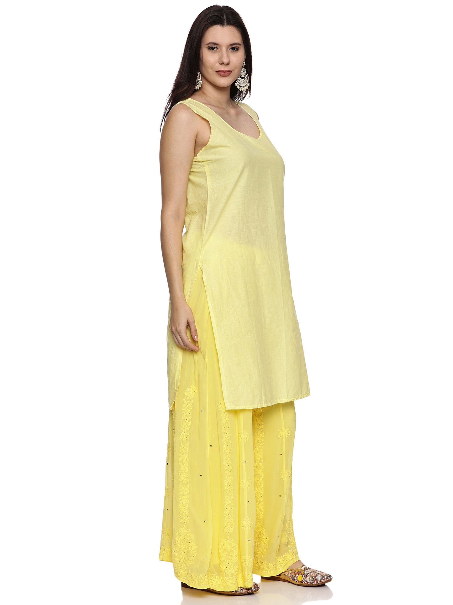 Viscose Chikankari Mukaish Work Suit in Yellow Ombre with Inner