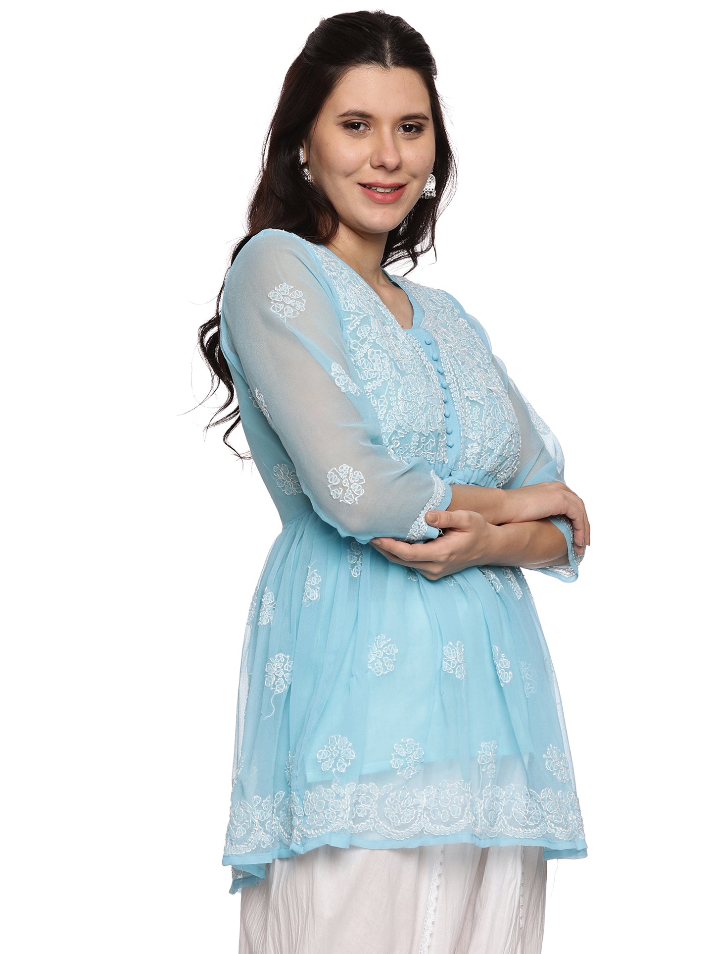 Georgette Chikankari Short Kurti in Sky Blue with White Embroidery