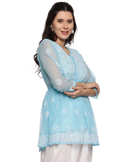 Georgette Chikankari Short Kurti in Sky Blue with White Embroidery