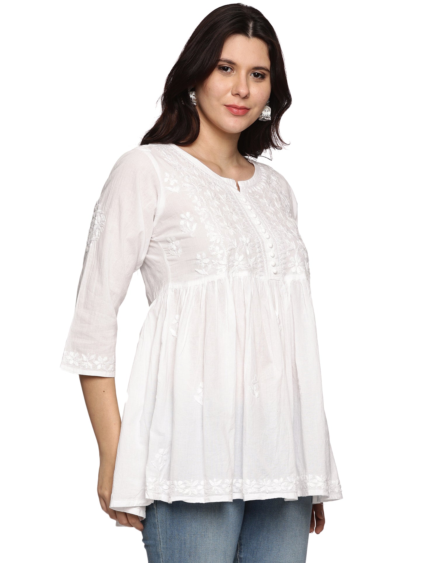 Cotton Chikankari Short Gown Style Kurta in White with Same Tone Embroidery