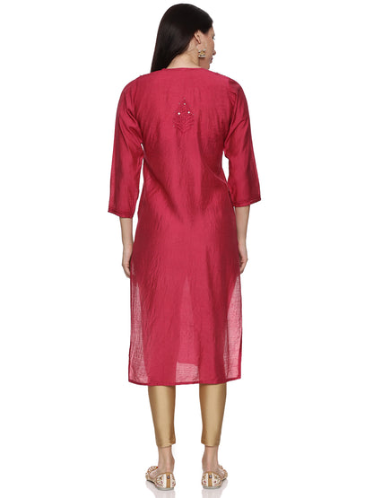 Chanderi Chikankari Long Kurti in Rani Pink with Mukaish Work