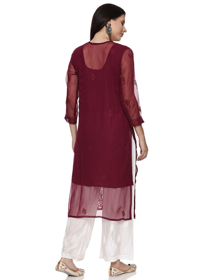 Georgette Chikankari Kurta in Wine with Resham Jaal Design with Inner
