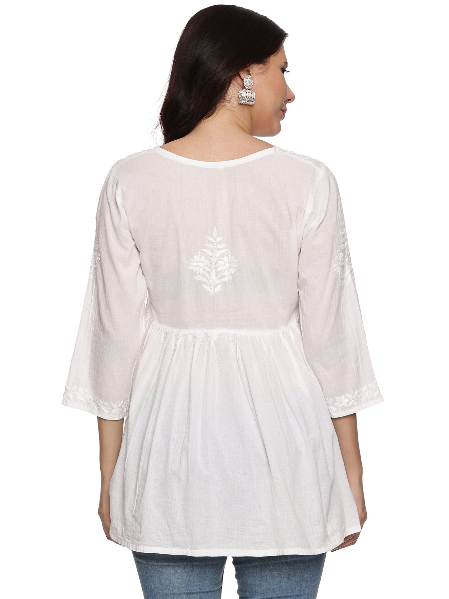 Cotton Chikankari Short Gown Style Kurta in White with Same Tone Embroidery