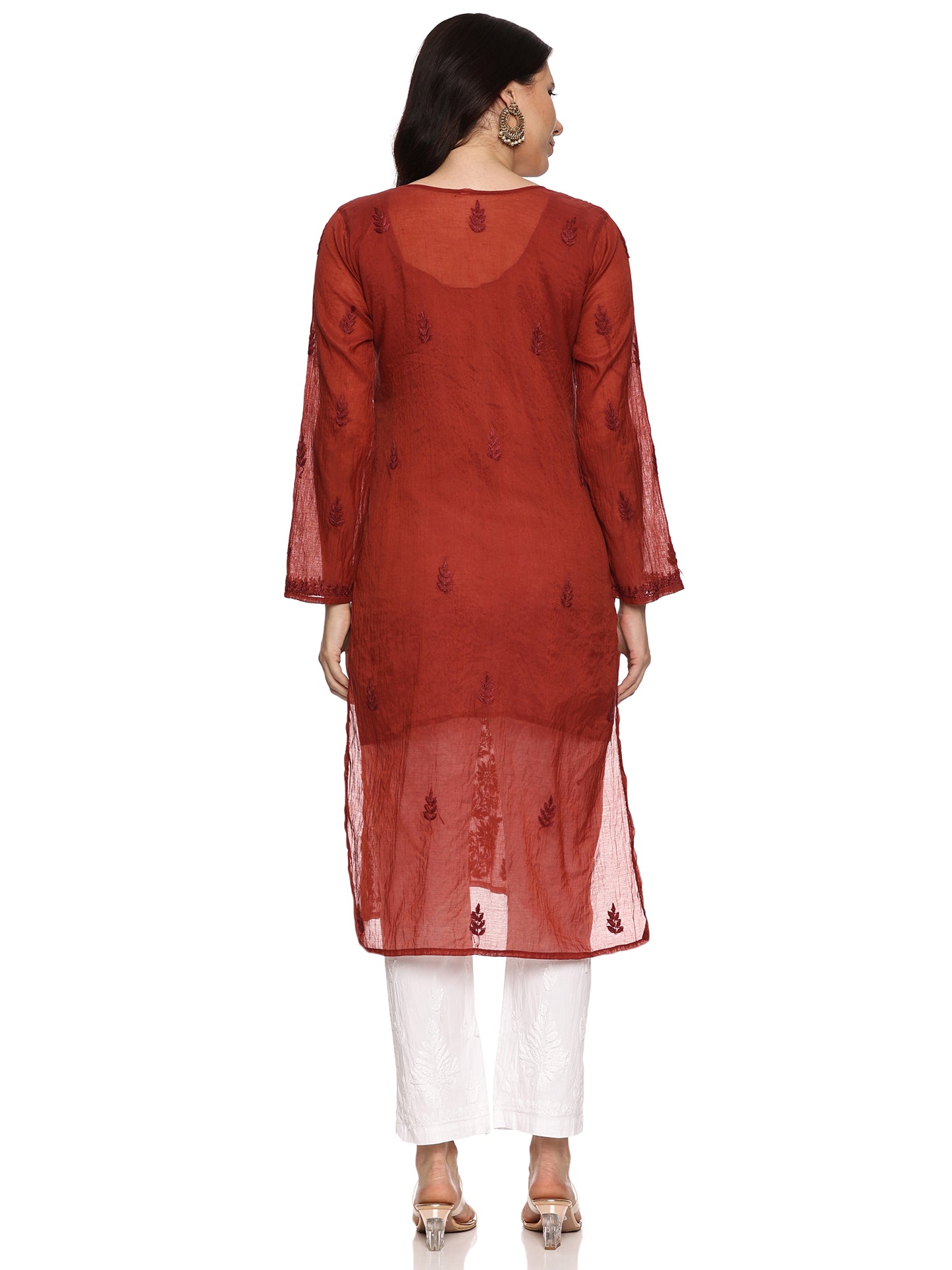 Mal Chanderi Chikankari Long Kurta in Brown with same tone Embroidery (inner included)