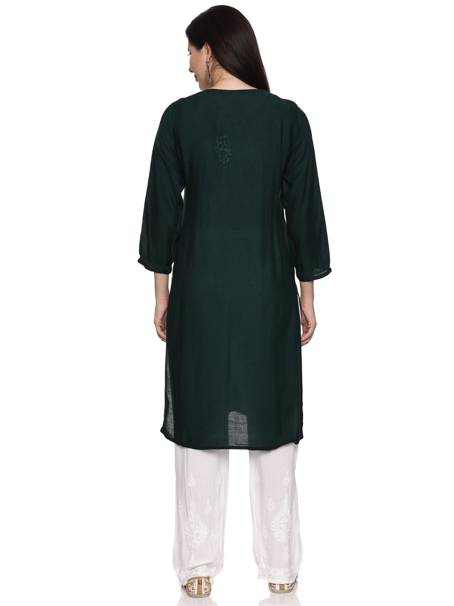 Rayon Chikankari Long Kurta in Dark Green with Same Tone Embroidery