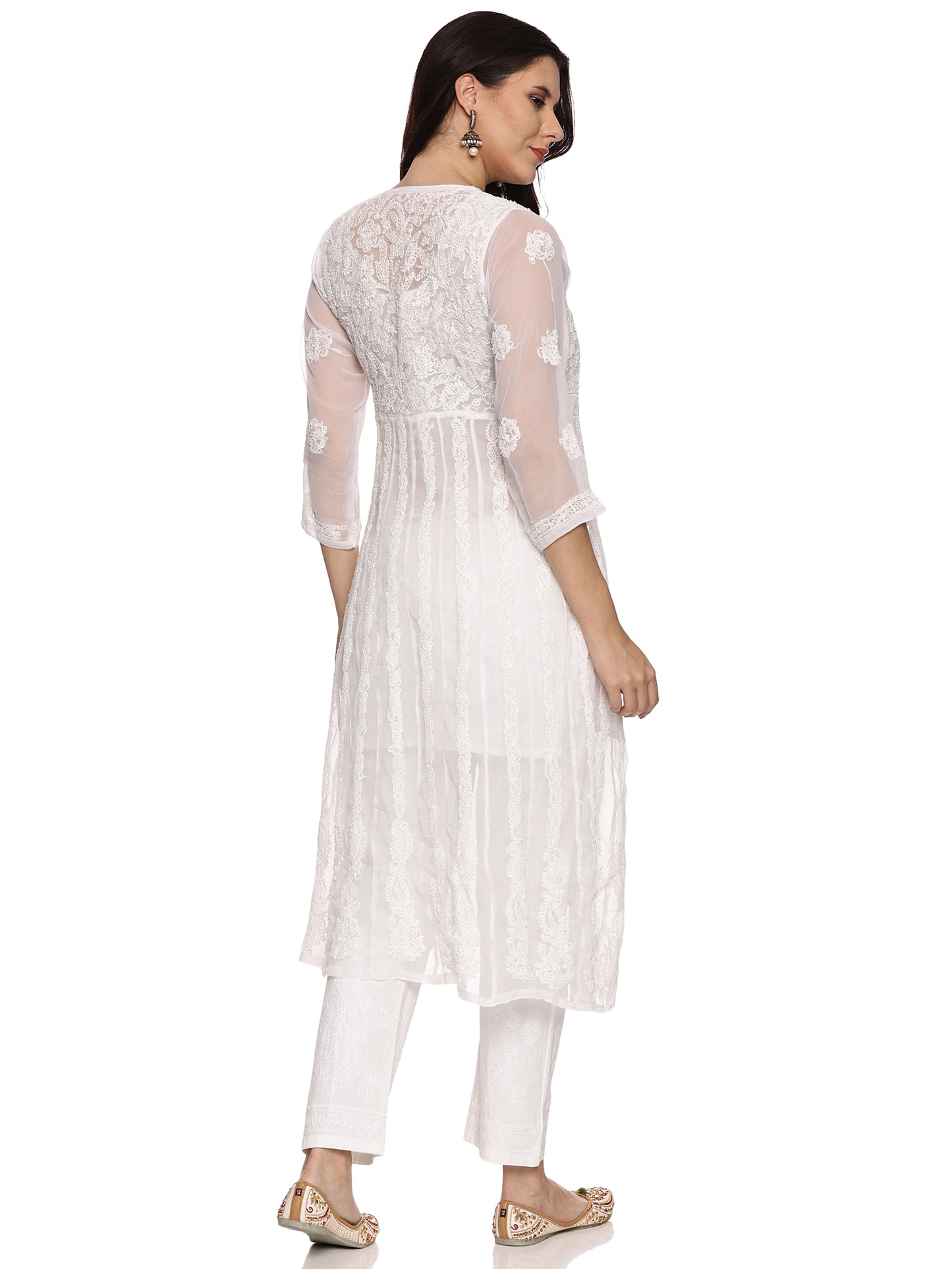 Georgette Chikankari Kurta in White with Same Tone Embroidery
