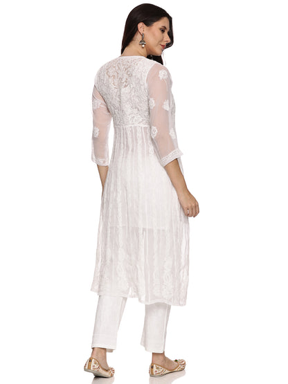 Georgette Chikankari Kurta in White with Same Tone Embroidery