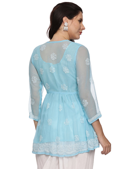 Georgette Chikankari Short Kurti in Sky Blue with White Embroidery