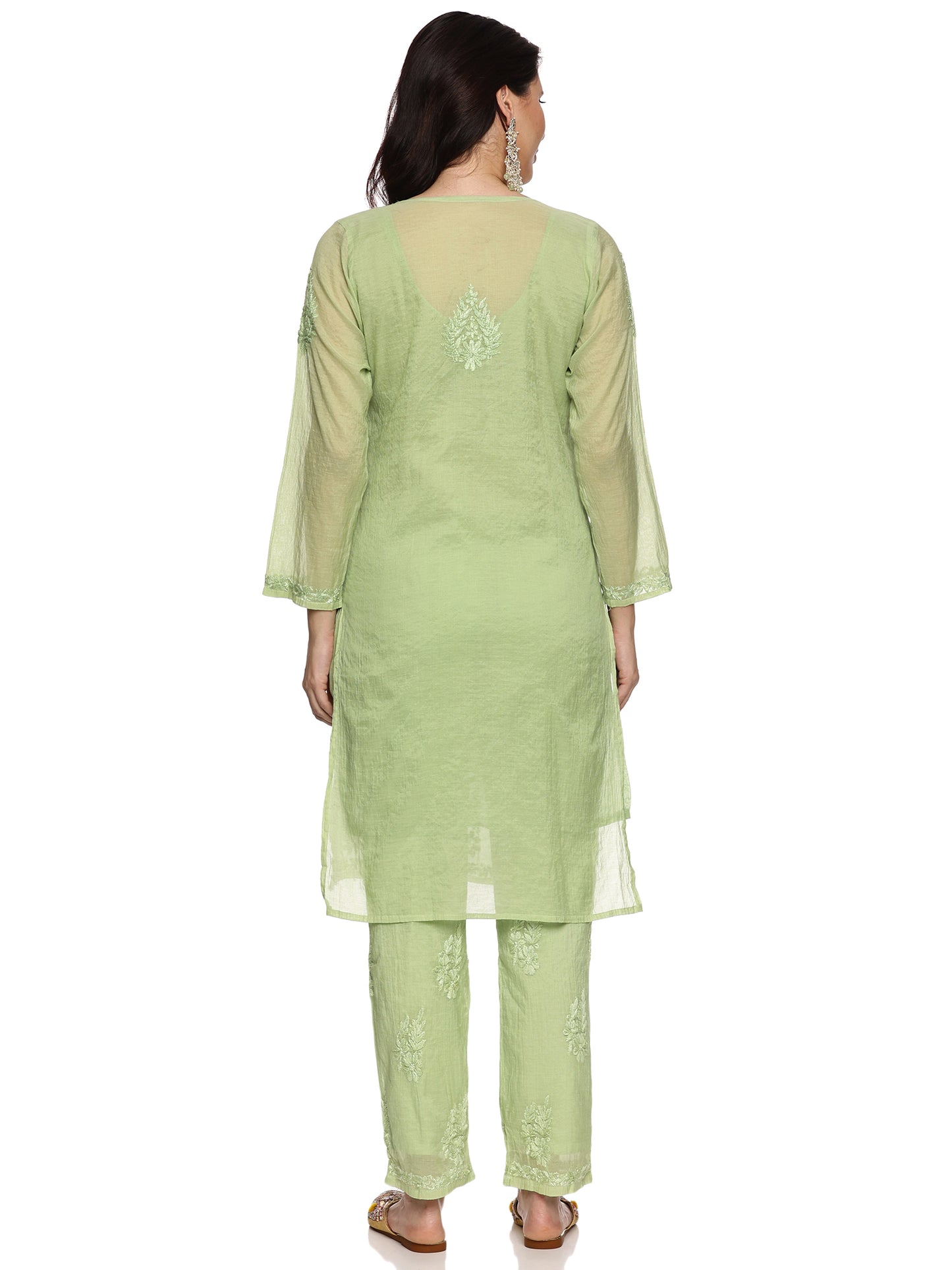Mal Chanderi Chikankari Kurta Set in Olive Green with Inner