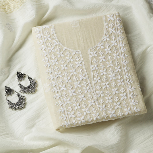 Soft and Premium Mal Chanderi Kurta and Dupatta Dress Material in Beige with Elegant White Embroidery