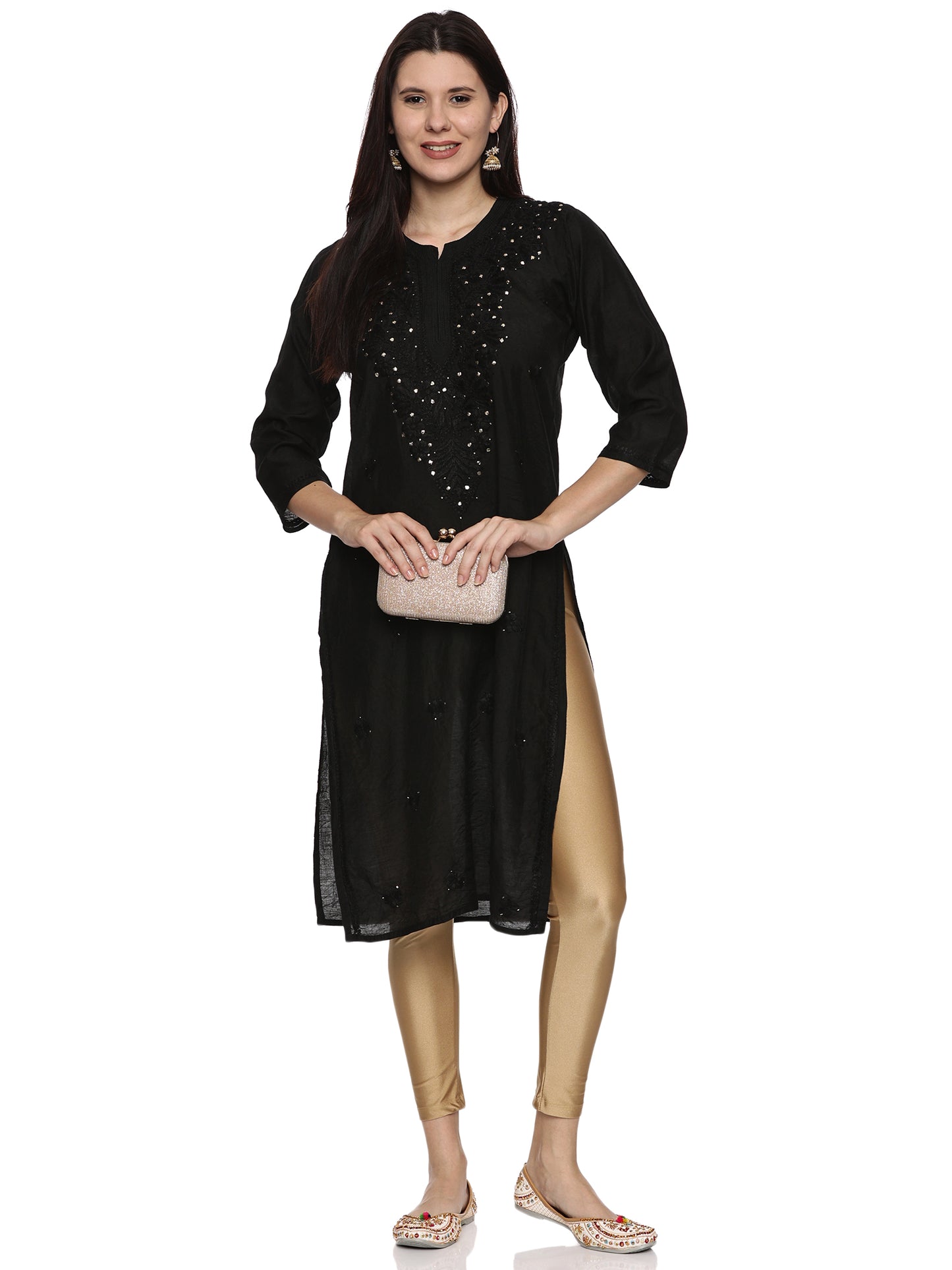 Chanderi Chikankari Long Kurti in Black with Mukaish Work