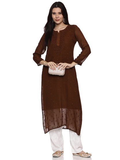 Viscose Chikankari Long Kurta in Brown with Same Tone Embroidery (inner included)