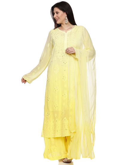 Viscose Chikankari Mukaish Work Suit in Yellow Ombre with Inner