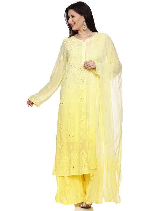 Viscose Chikankari Mukaish Work Suit in Yellow Ombre with Inner