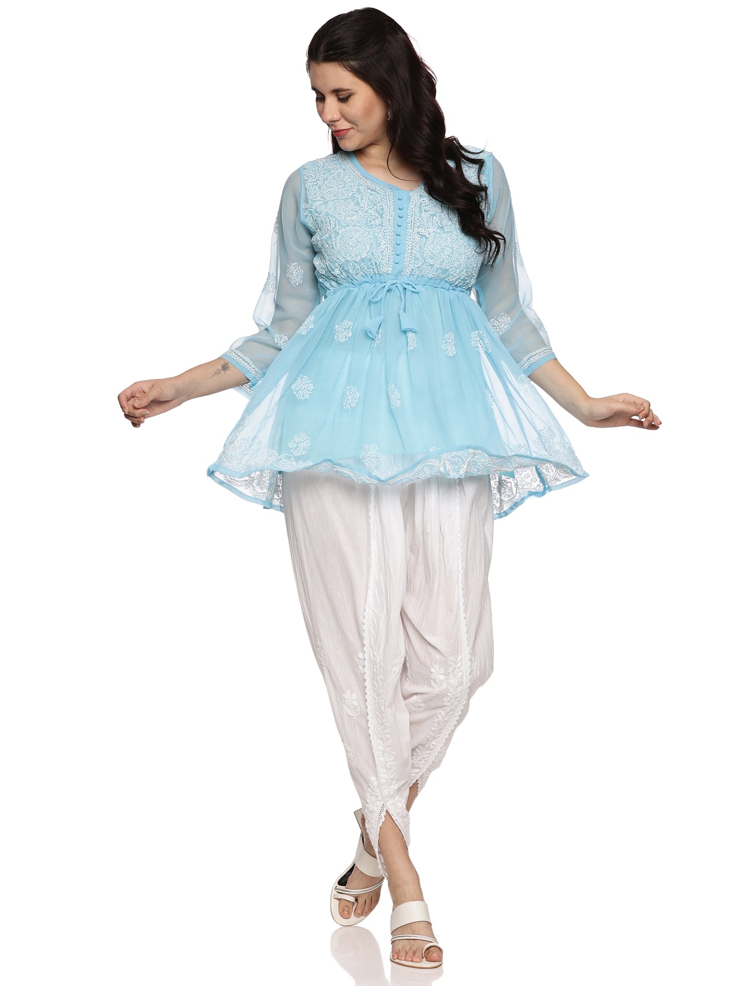 Georgette Chikankari Short Kurti in Sky Blue with White Embroidery