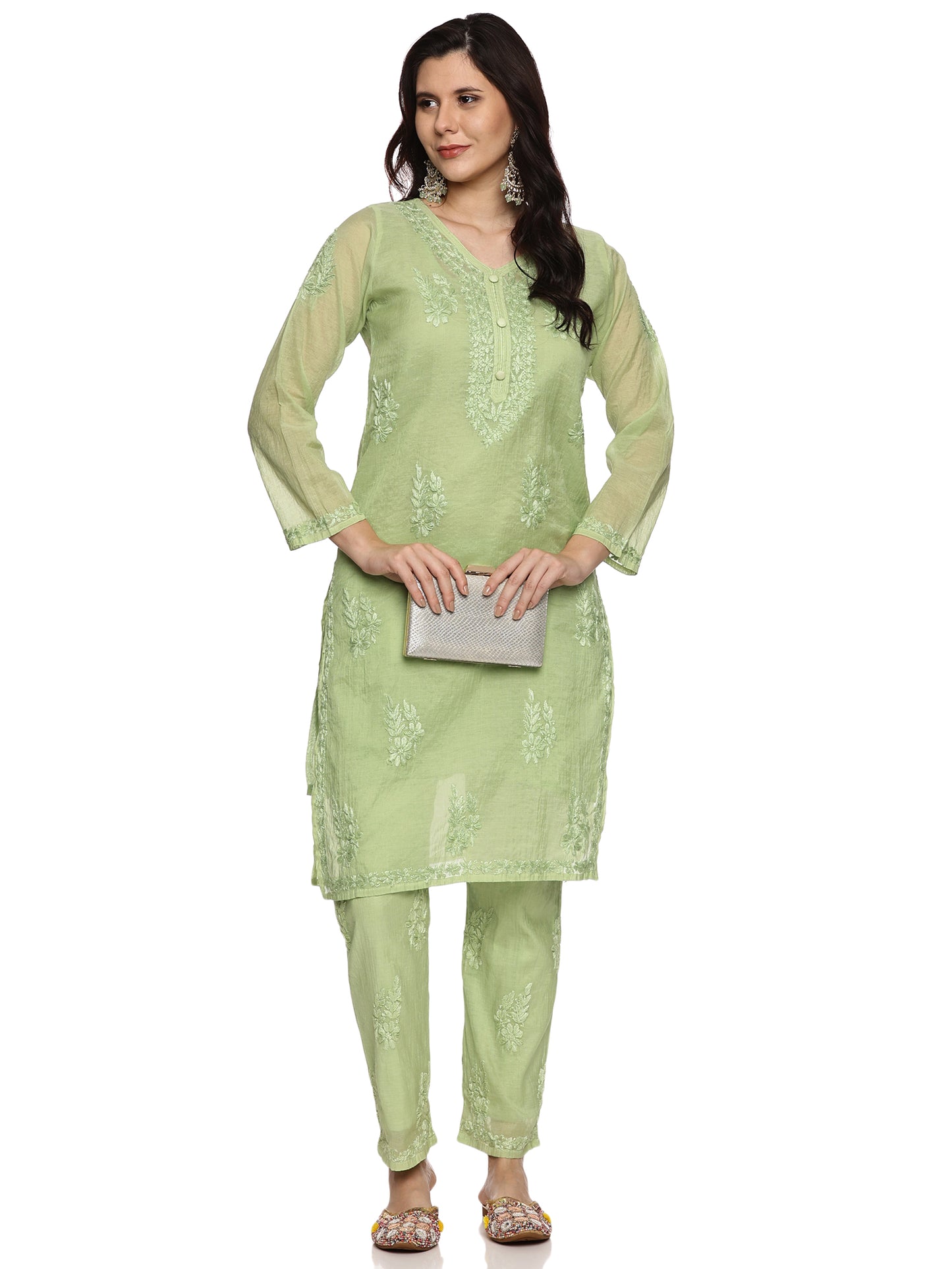 Mal Chanderi Chikankari Kurta Set in Olive Green with Inner