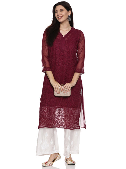 Georgette Chikankari Kurta in Wine with Resham Jaal Design with Inner
