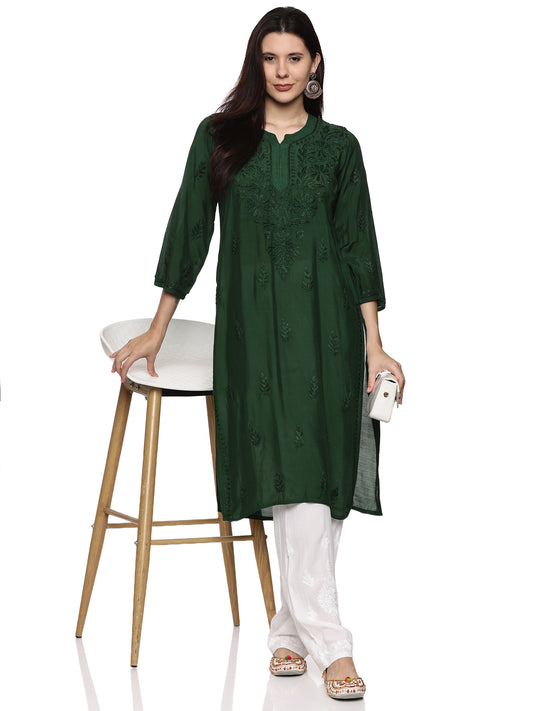Muslin Chikankari Long Kurta in Dark Green with Same Tone Embroidery