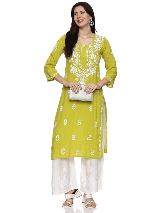 Rayon Chikankari Kurta in Parrot Green with White Embroidery