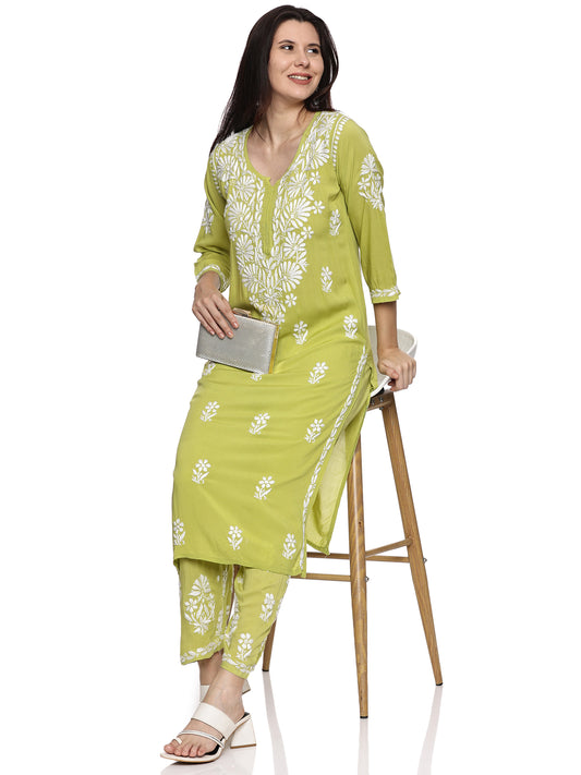 Modal Chikankari Kurta Set in Light Green with White Embroidery