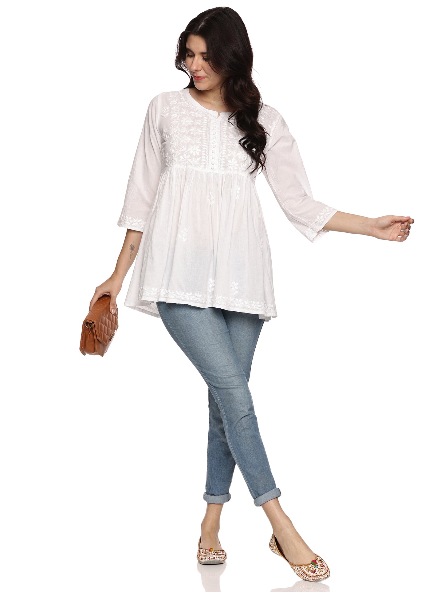 Cotton Chikankari Short Gown Style Kurta in White with Same Tone Embroidery