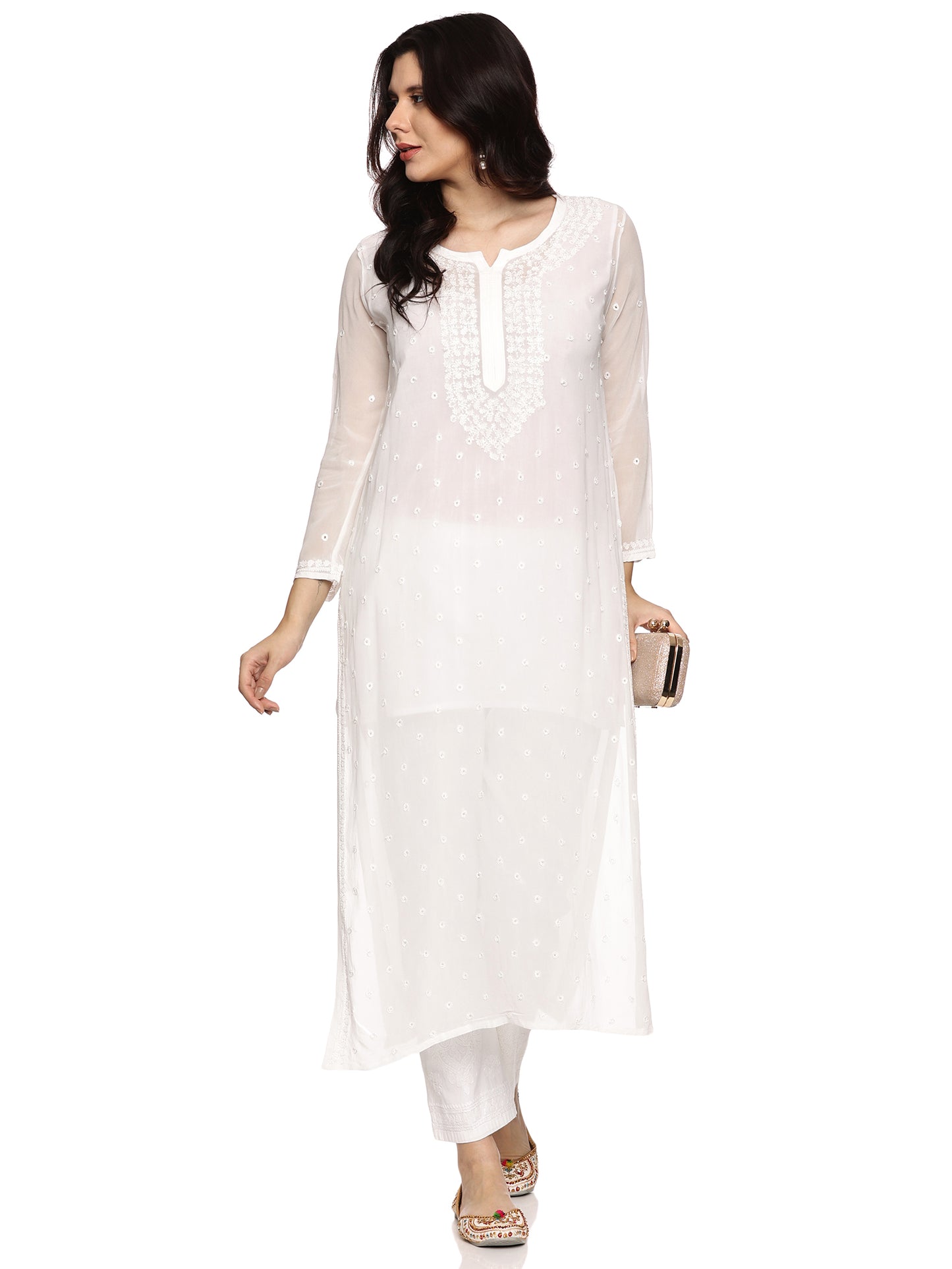Viscose Chikankari Long Kurti in White with Same Tone Embroidery
