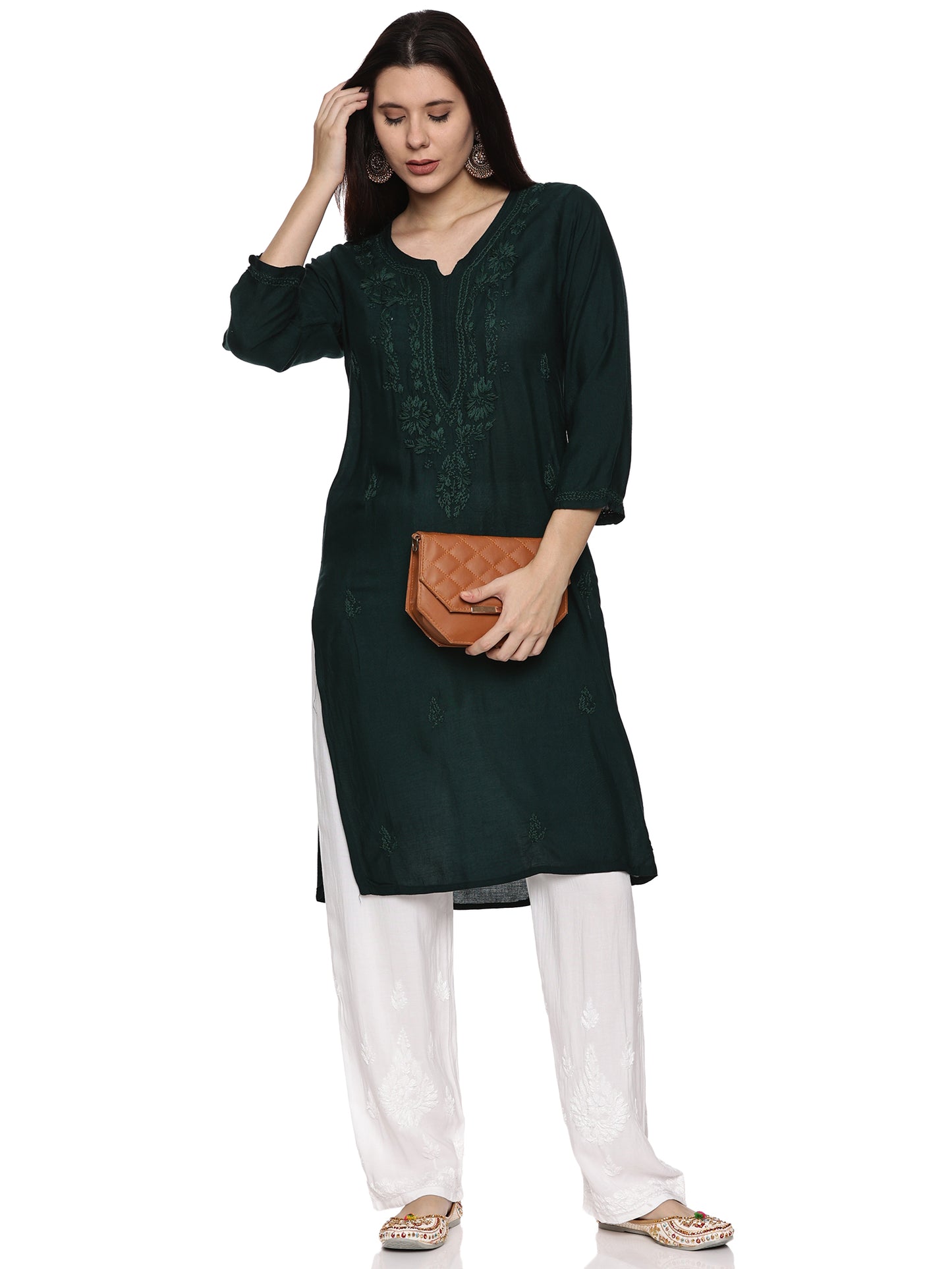 Rayon Chikankari Long Kurta in Dark Green with Same Tone Embroidery