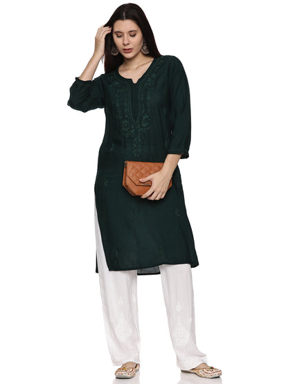 Rayon Chikankari Long Kurta in Dark Green with Same Tone Embroidery