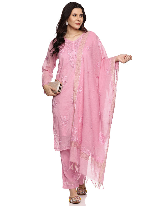 Mal Chanderi Chikankari Suit in Pink with Inner and Dupatta