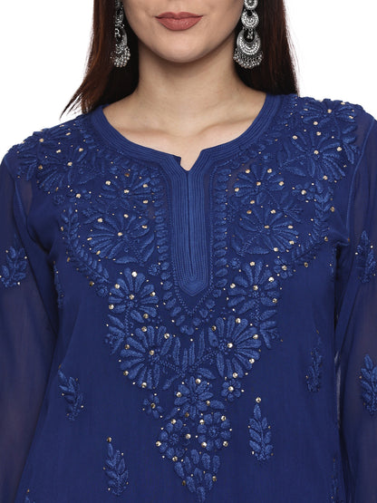 Viscose Chikankari Mukaish Work Suit in Dark Blue with Inner