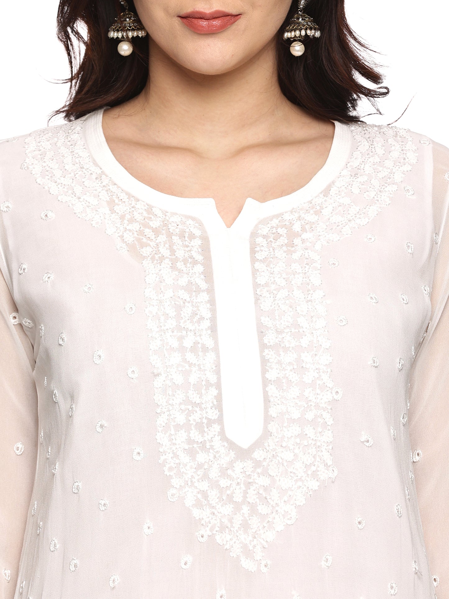 Viscose Chikankari Long Kurti in White with Same Tone Embroidery
