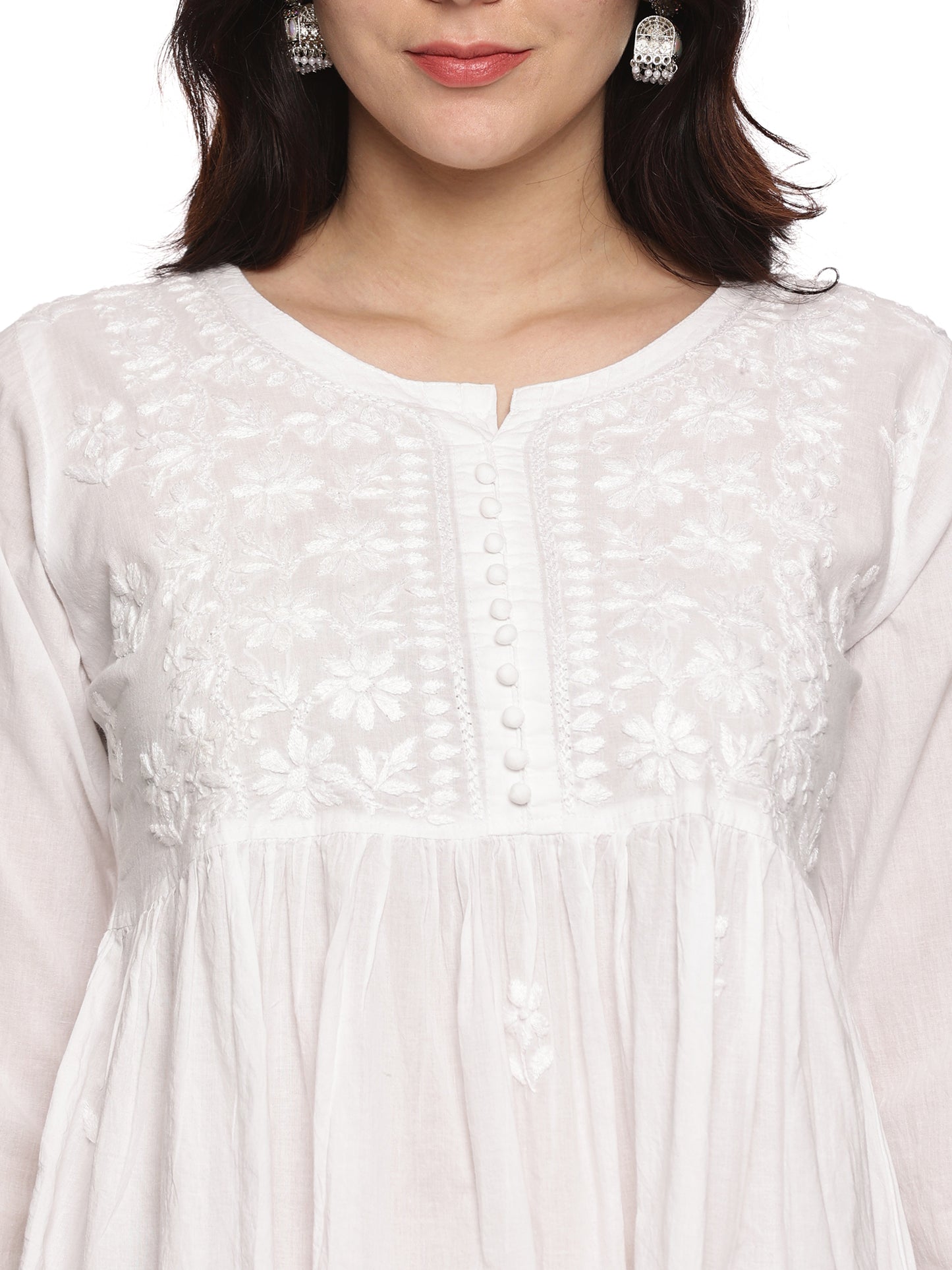 Cotton Chikankari Short Gown Style Kurta in White with Same Tone Embroidery