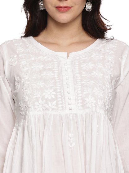 Cotton Chikankari Short Gown Style Kurta in White with Same Tone Embroidery