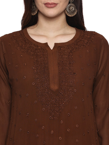 Viscose Chikankari Long Kurta in Brown with Same Tone Embroidery (inner included)