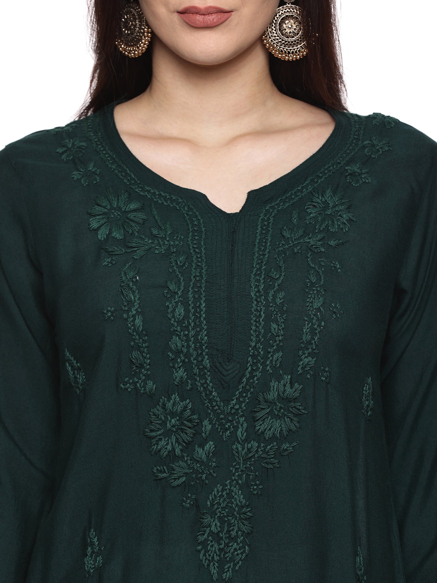 Rayon Chikankari Long Kurta in Dark Green with Same Tone Embroidery